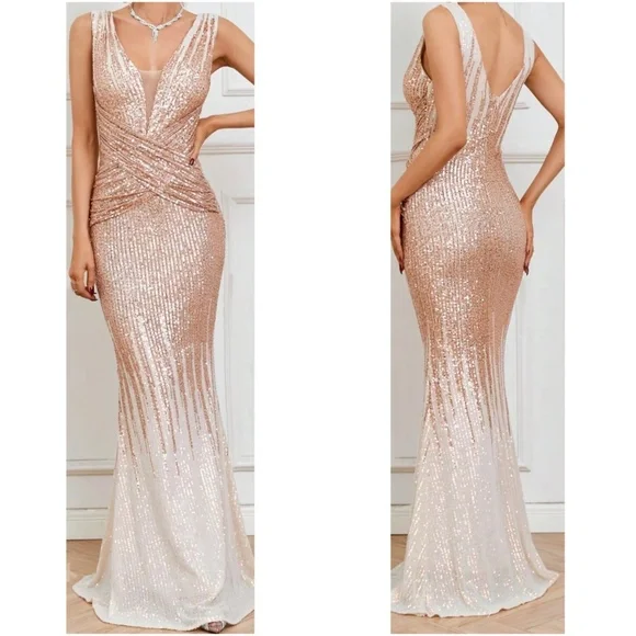 Luxe Sequin High Waisted Mermaid Hem Fitted Prom Formal Wedding Dress - Picture 2 of 3